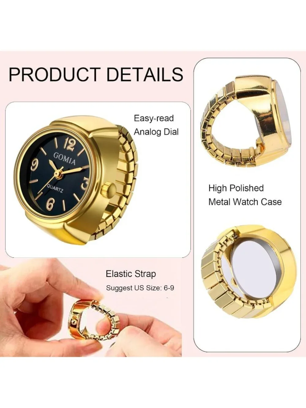 Unisex Gold Black Analog Quartz Stretchy Elastic Band Analogue Finger Ring Watch
